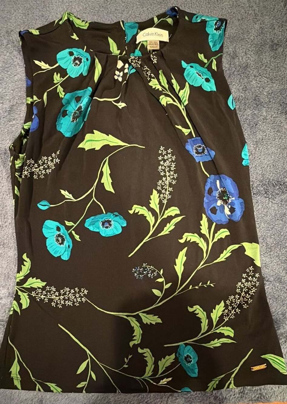 Calvin Klein Black Blue Floral Sleeveless Pleated Dress